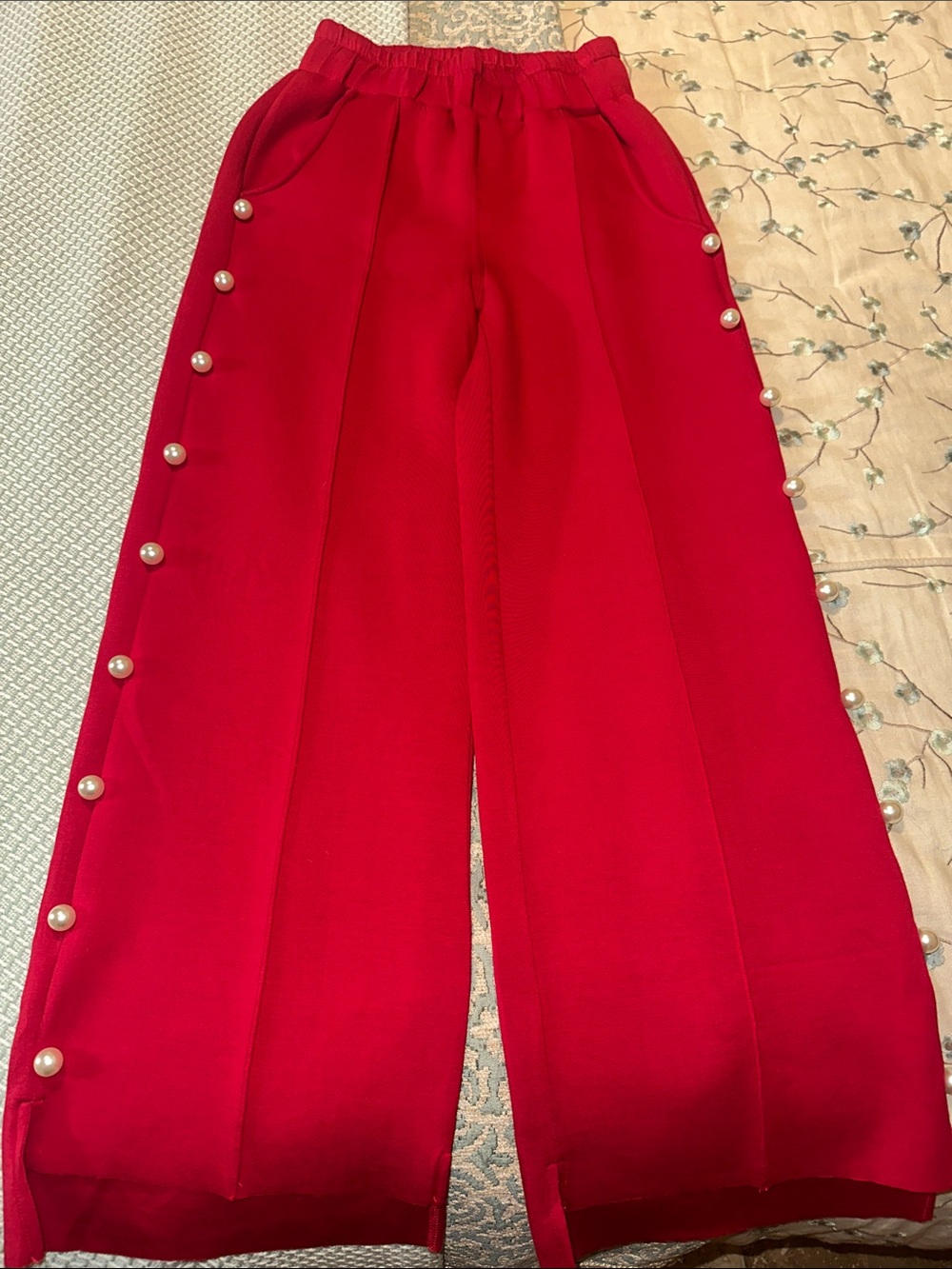 Red Wide-Leg Pearl-Trim Pants